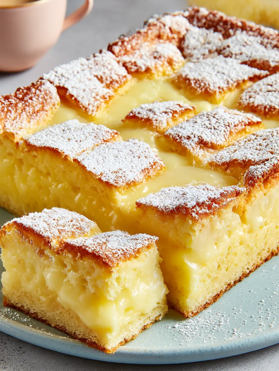 A slice of cake with powdered sugar on top.