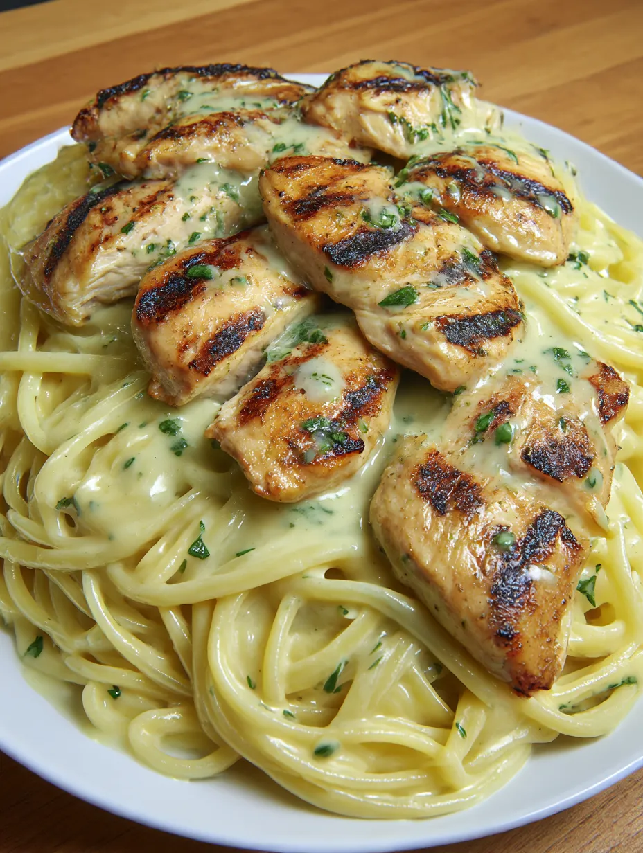 A plate piled with chicken Alfredo pasta, looking creamy and rich.