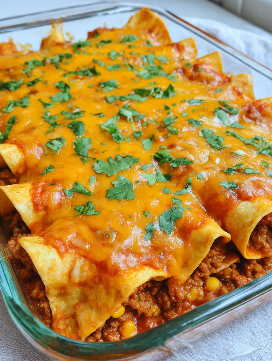 A baking dish packed with beef enchilada casserole and corn tortillas.