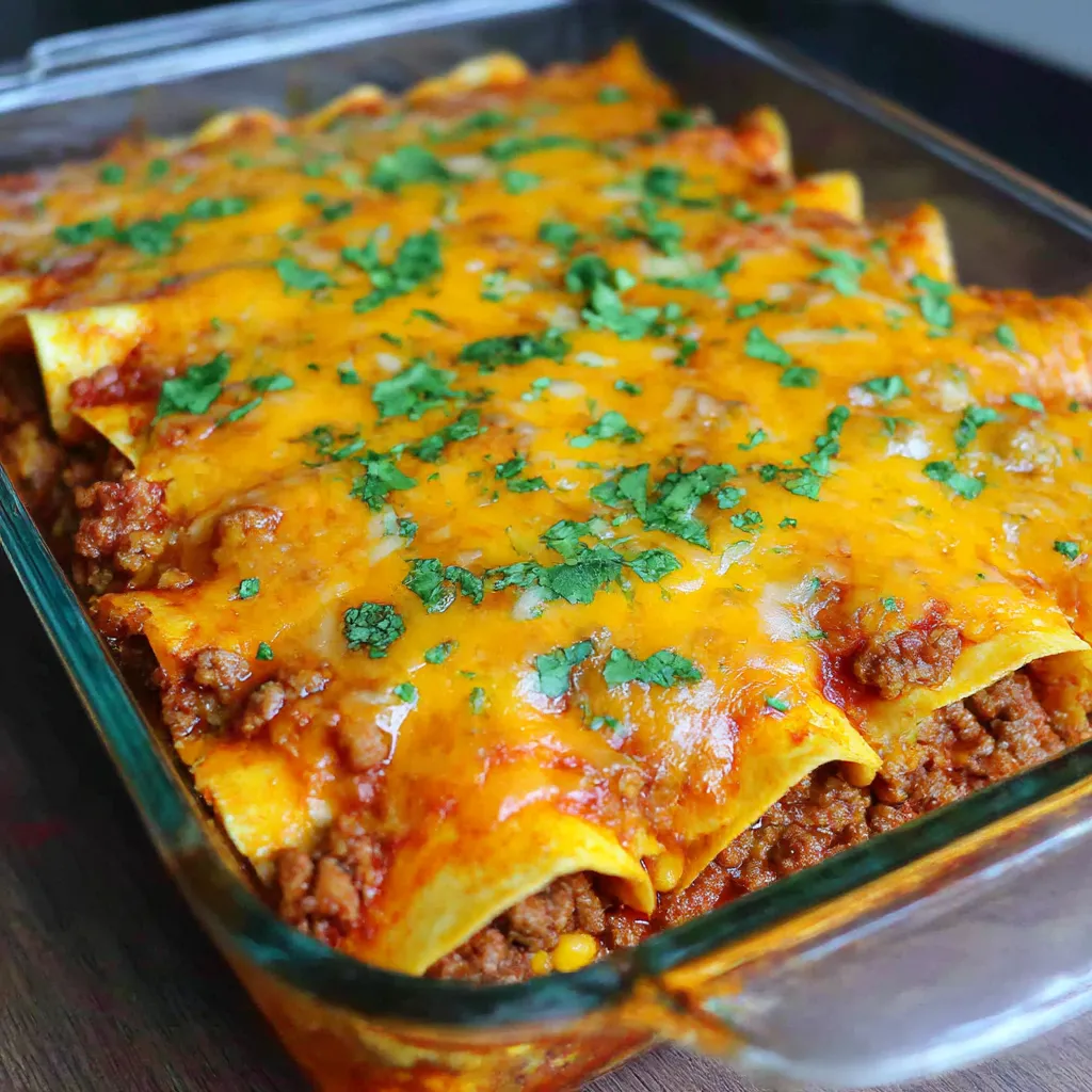 A casserole dish full of layered beef and cheese enchiladas.