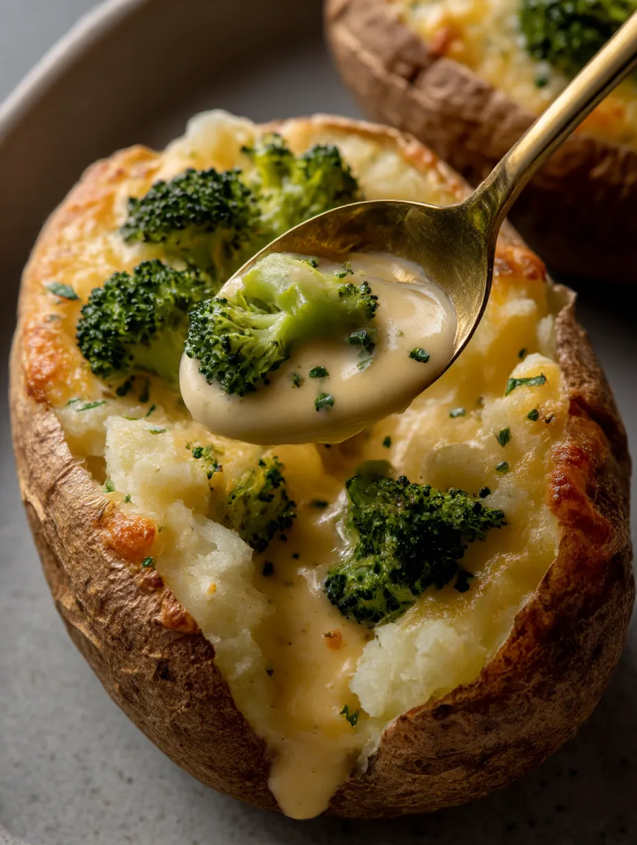 A close up of a baked potato with broccoli and cheese sauce.