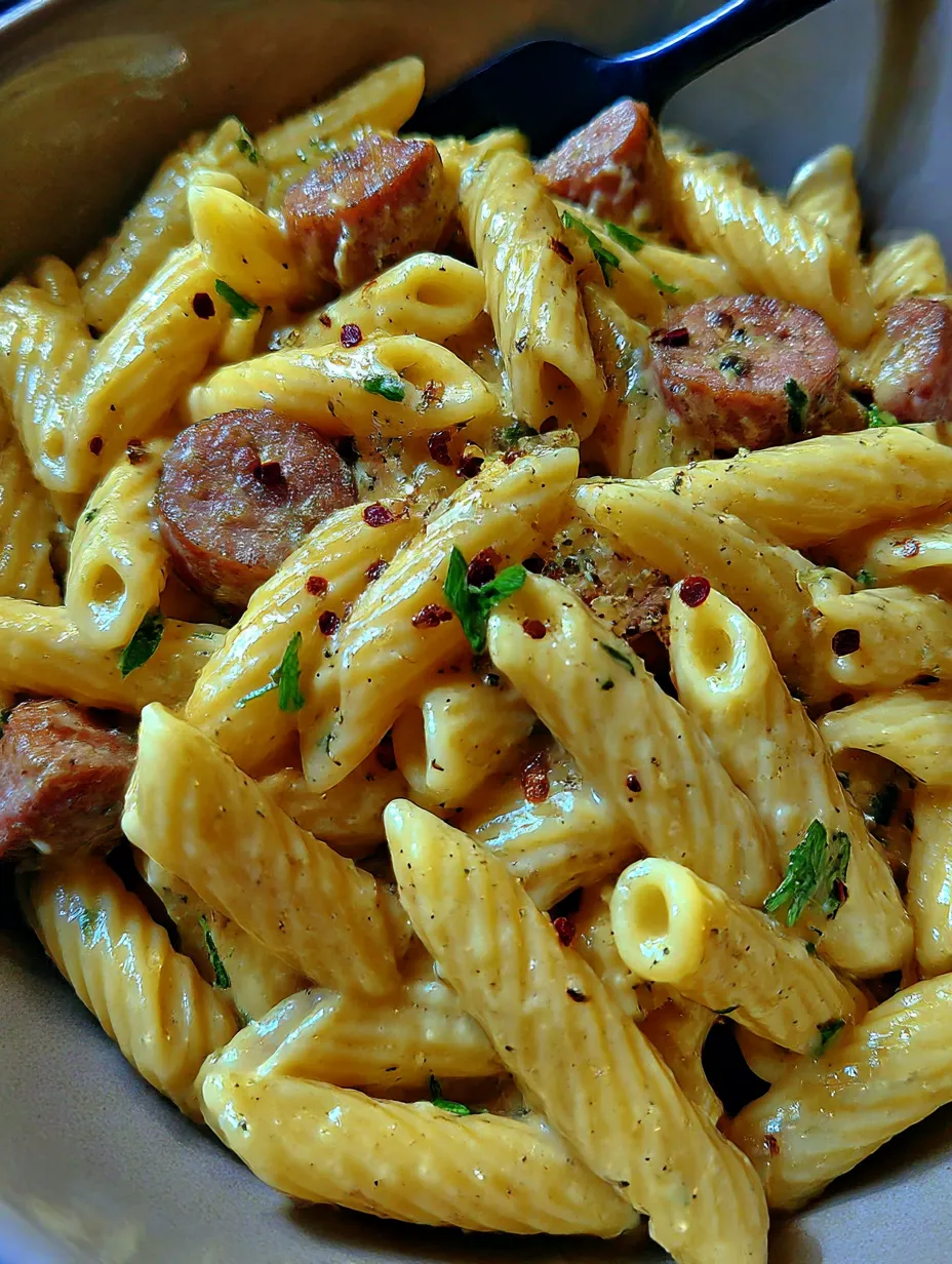 A plate heaped with sausage, pasta, and gooey mozzarella cheese.