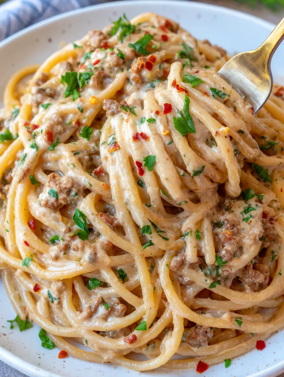 A plate loaded with spaghetti, peppers, and meat.