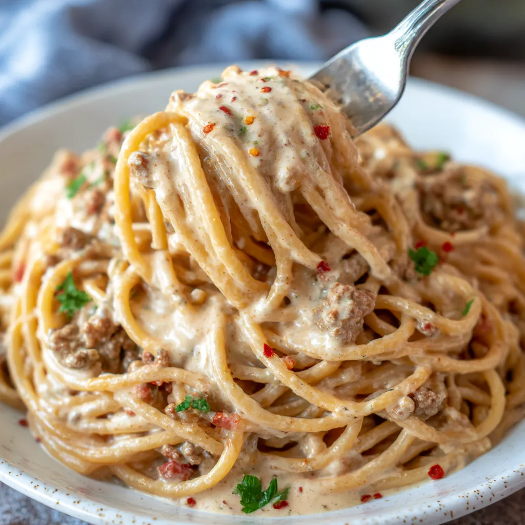 Spaghetti piled with cheesy beef and sauce.