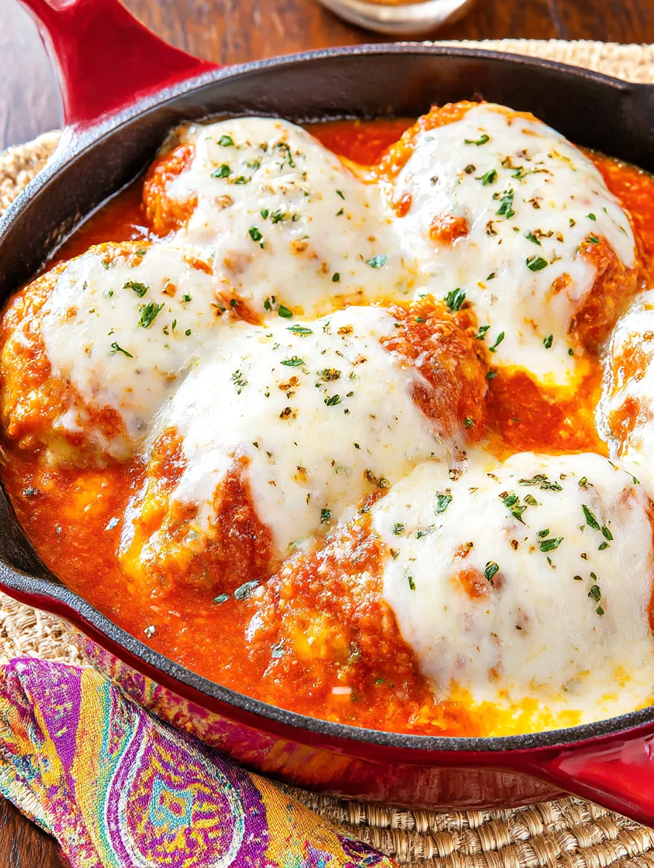 A serving bowl with chicken sorrentino, gooey cheese on top.