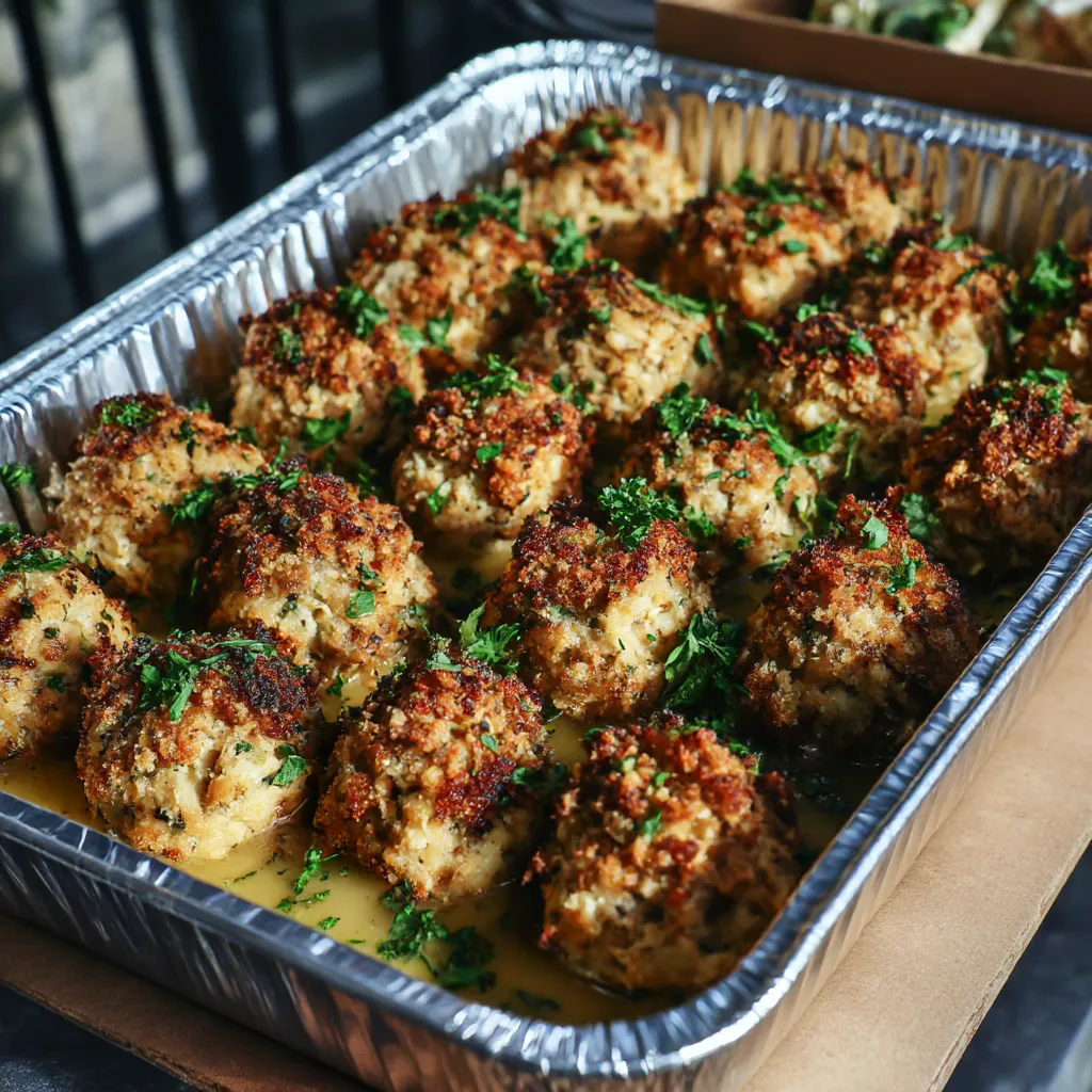 A tray of stuffing balls sprinkled with herbs and yellow bits.