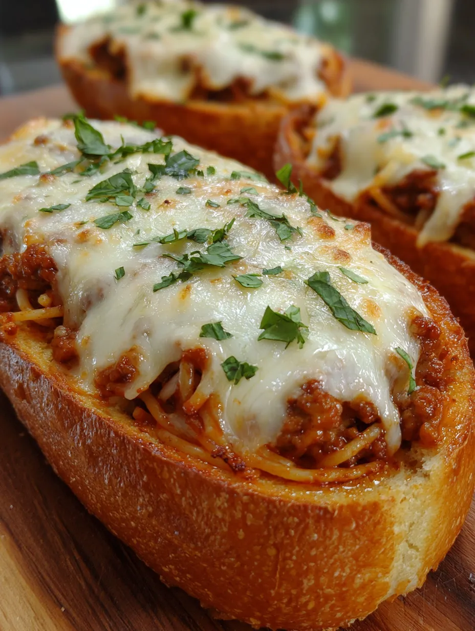 A sandwich packed with spaghetti and cheese sits on a table.
