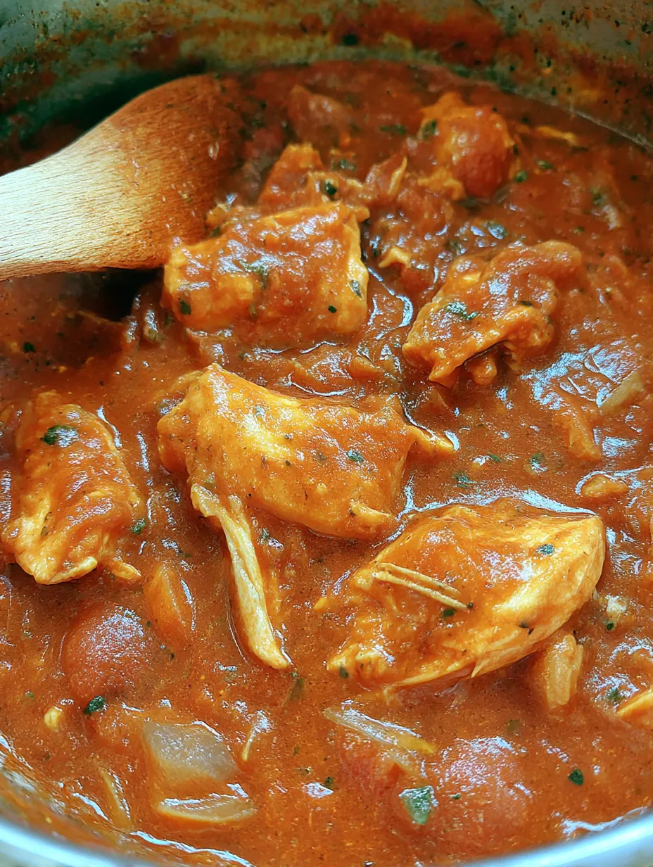A bowl of chicken with a spoon in it.