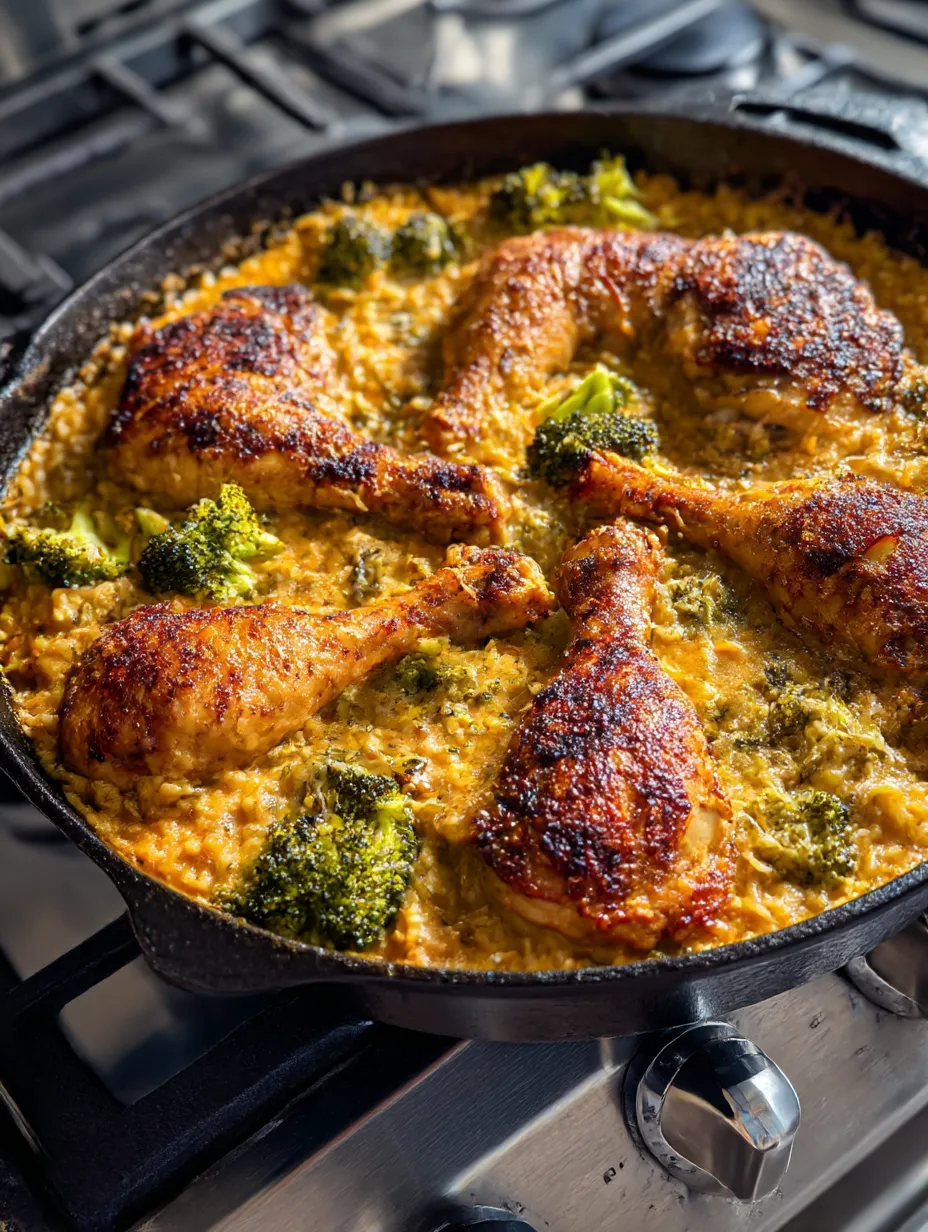 Juicy chicken legs baked over cheesy rice and broccoli in a skillet.