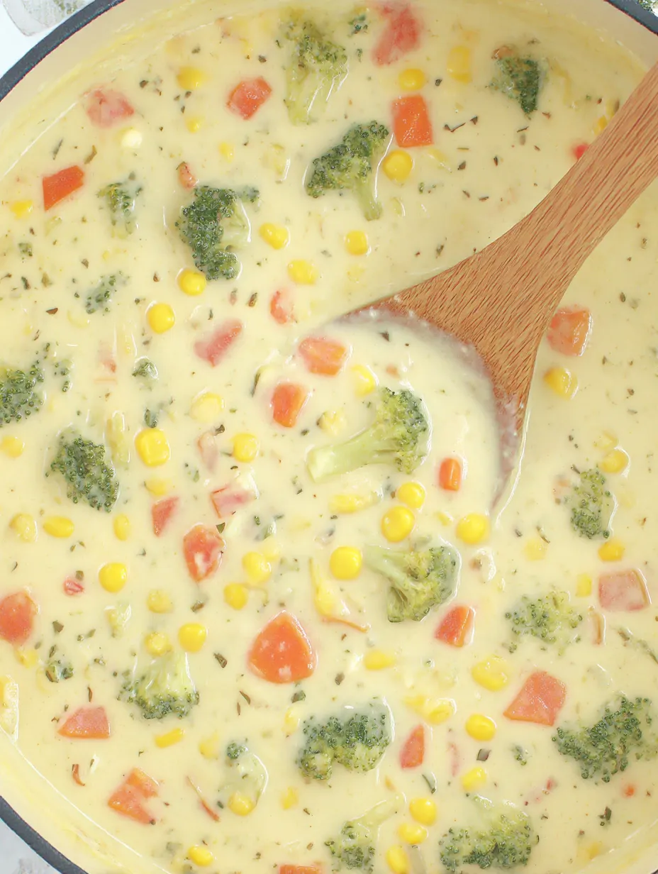A wooden spoon scoops up chunky cheesy chowder from a bowl.