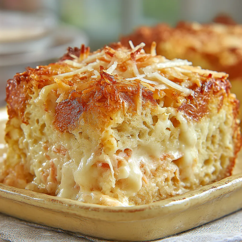 One piece of coconut cheesecake bread pudding.
