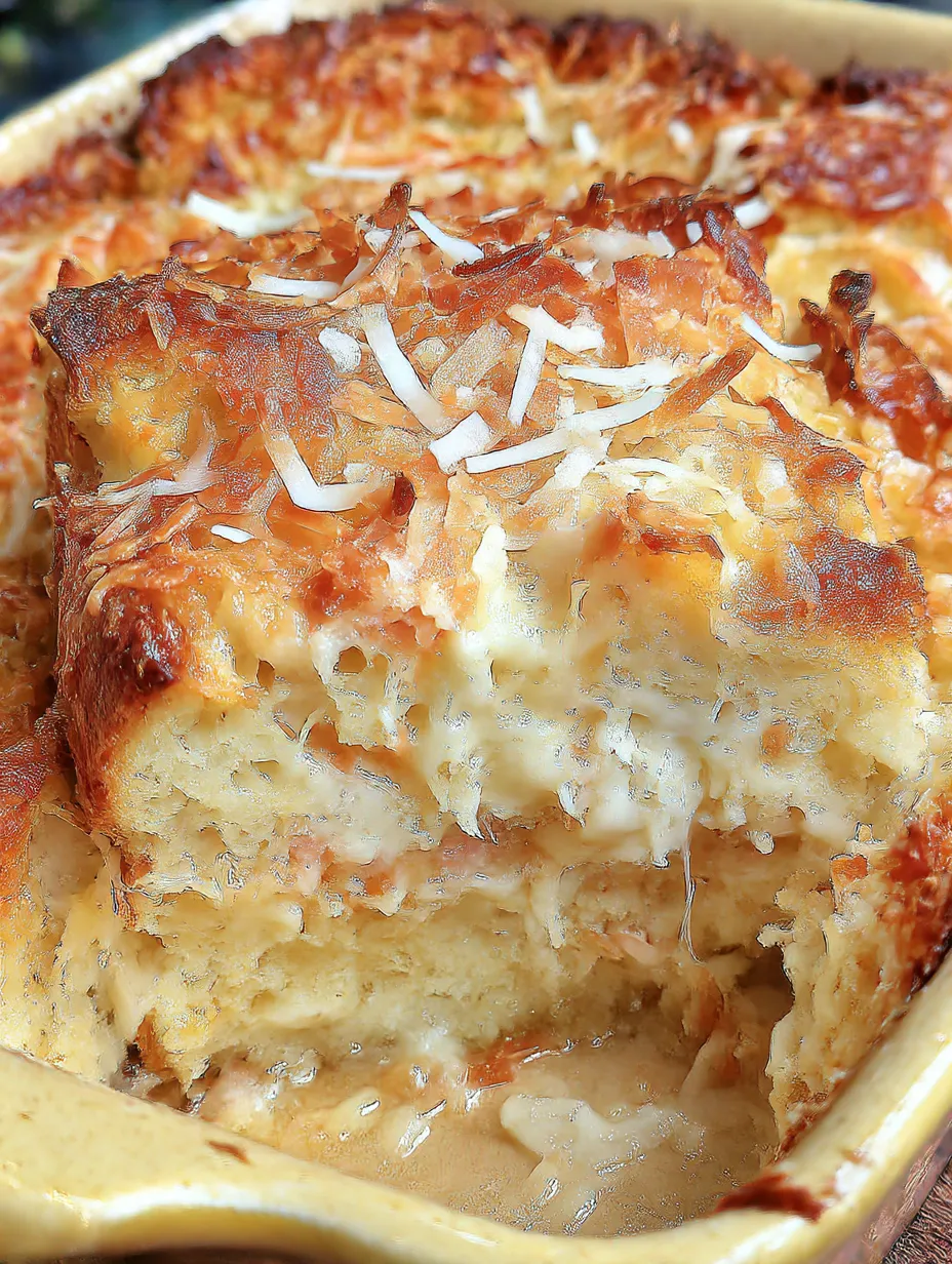 A slice of coconut cheesecake bread pudding.