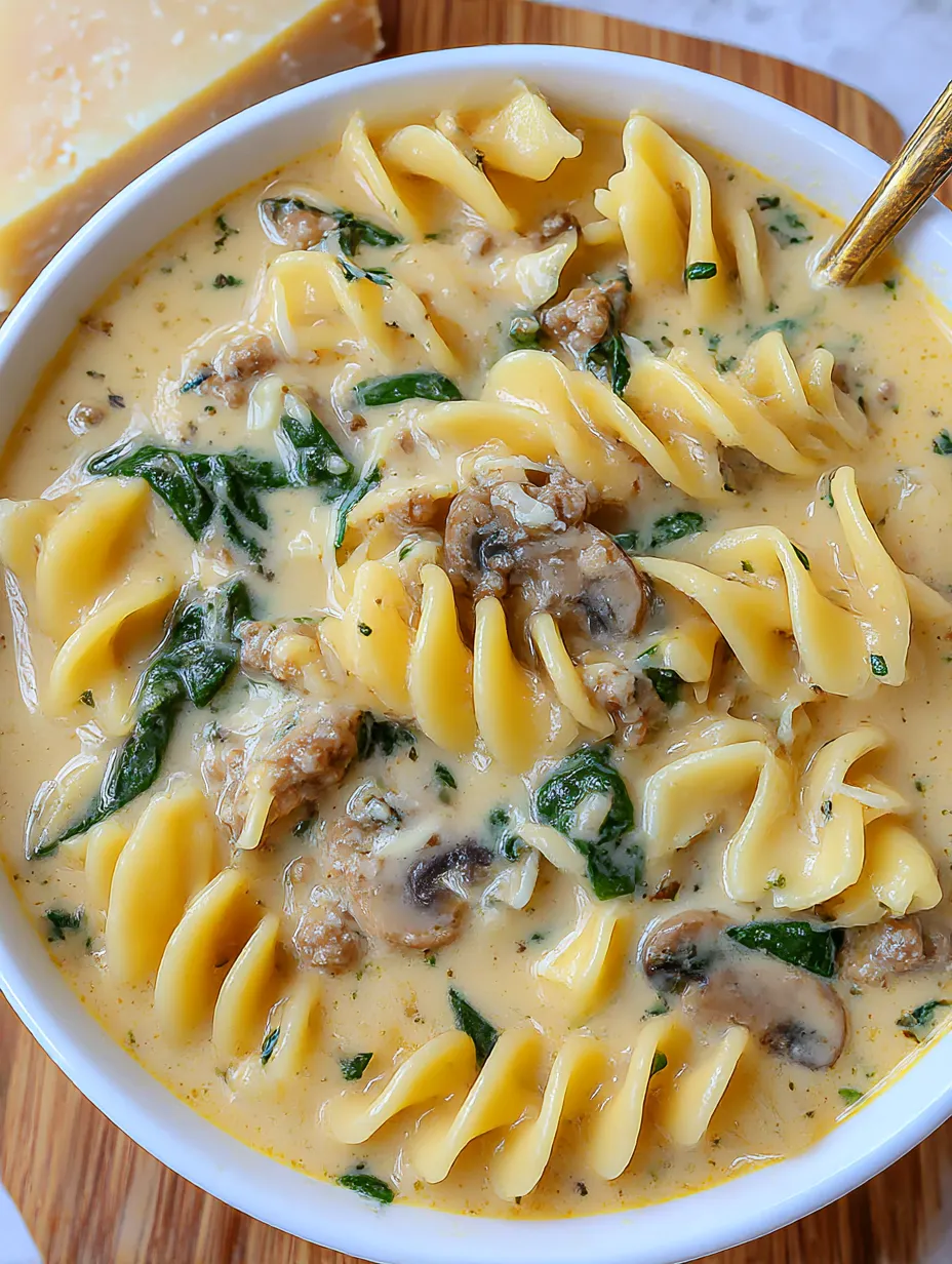 A bowl of creamy alfredo lasagna soup.