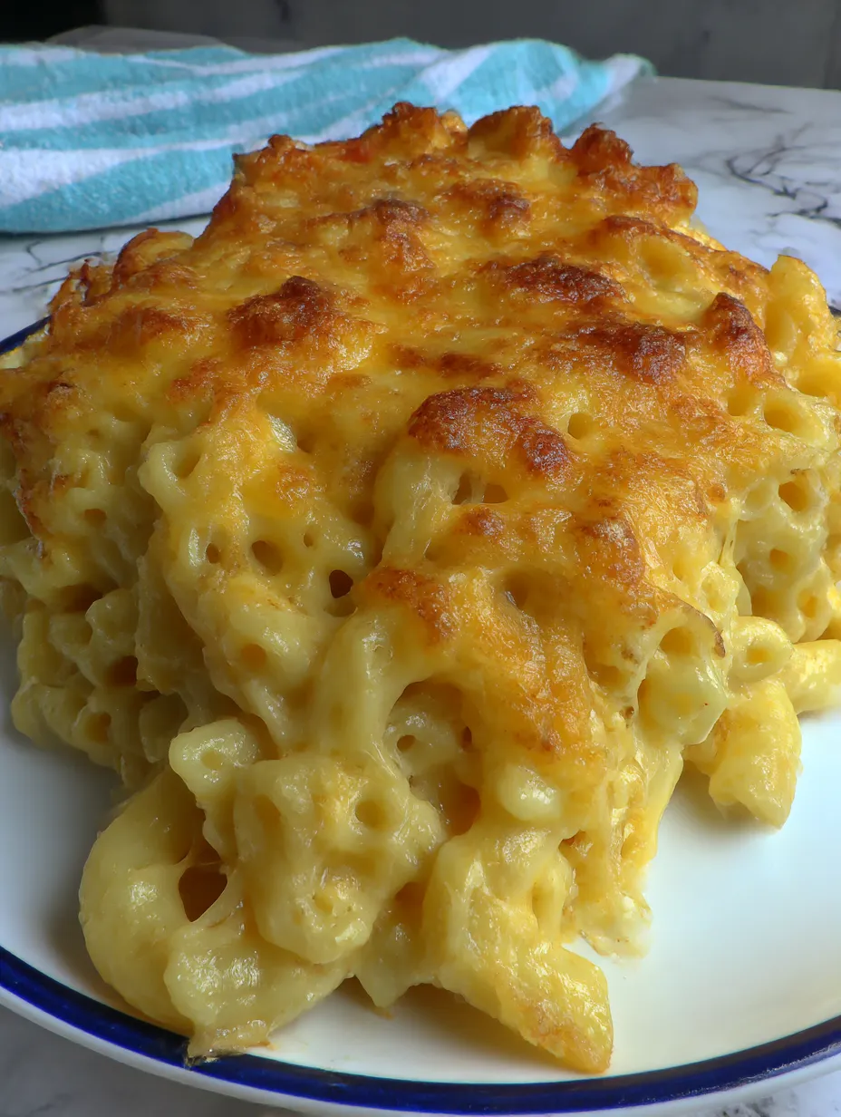 A plate of New Orleans Baked Mac and Cheese.