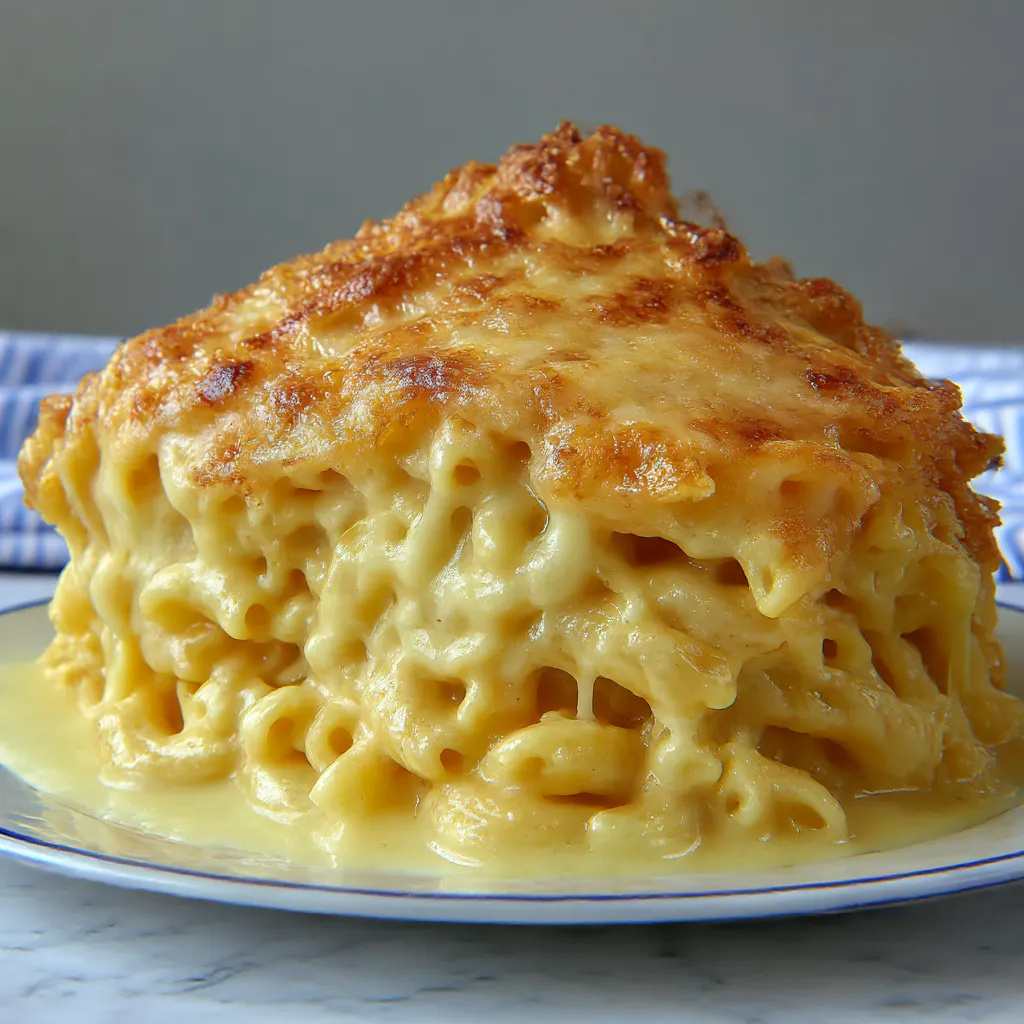 Big cheesy closeup of baked mac and cheese in a pan.
