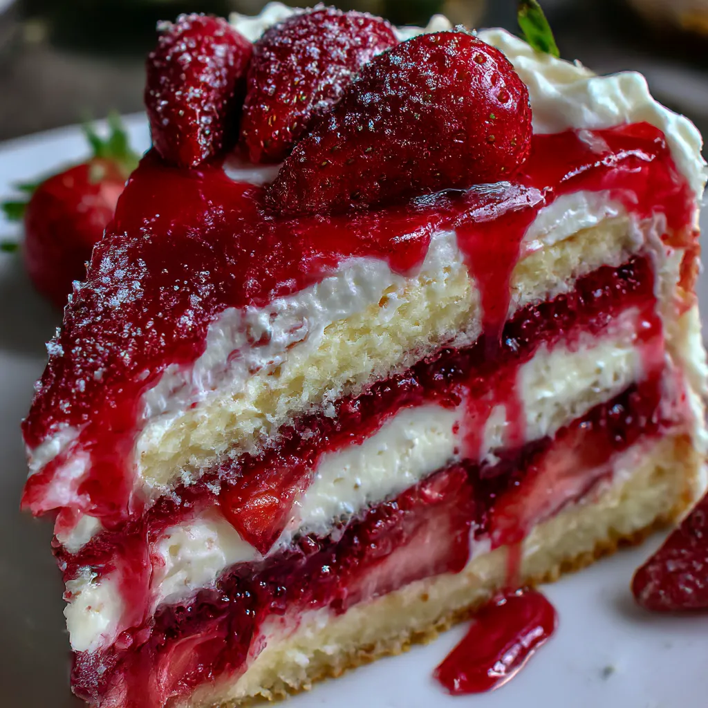 Red velvet strawberry cheesecake slice up close.