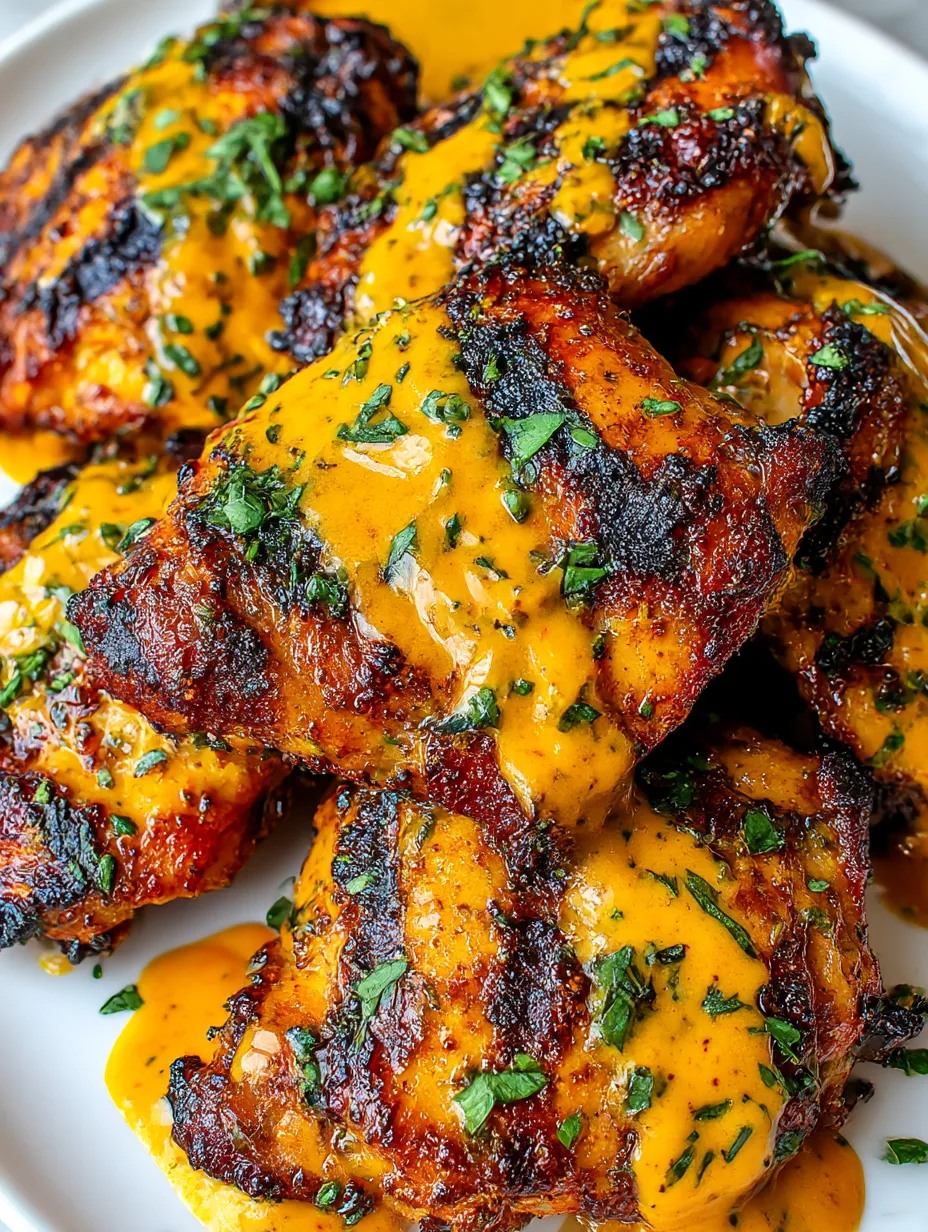 Buffalo chicken thighs covered with spicy seasoning and sauce.