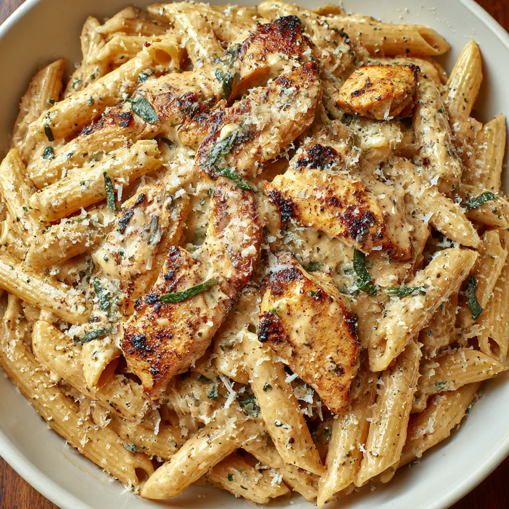 A plate with chicken pasta loaded with cheese.