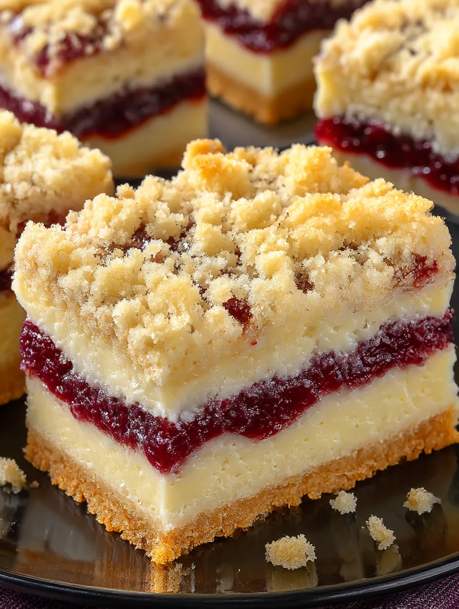 A wedge of cake showing creamy cheese and cherries inside.