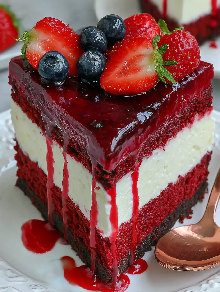 A chunky wedge of caramel and chocolate cake topped with blueberries and strawberries.