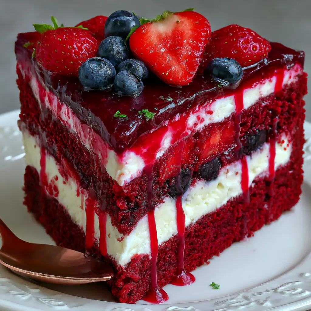 One slice of caramel turtle cake topped with fresh blueberries and strawberries.
