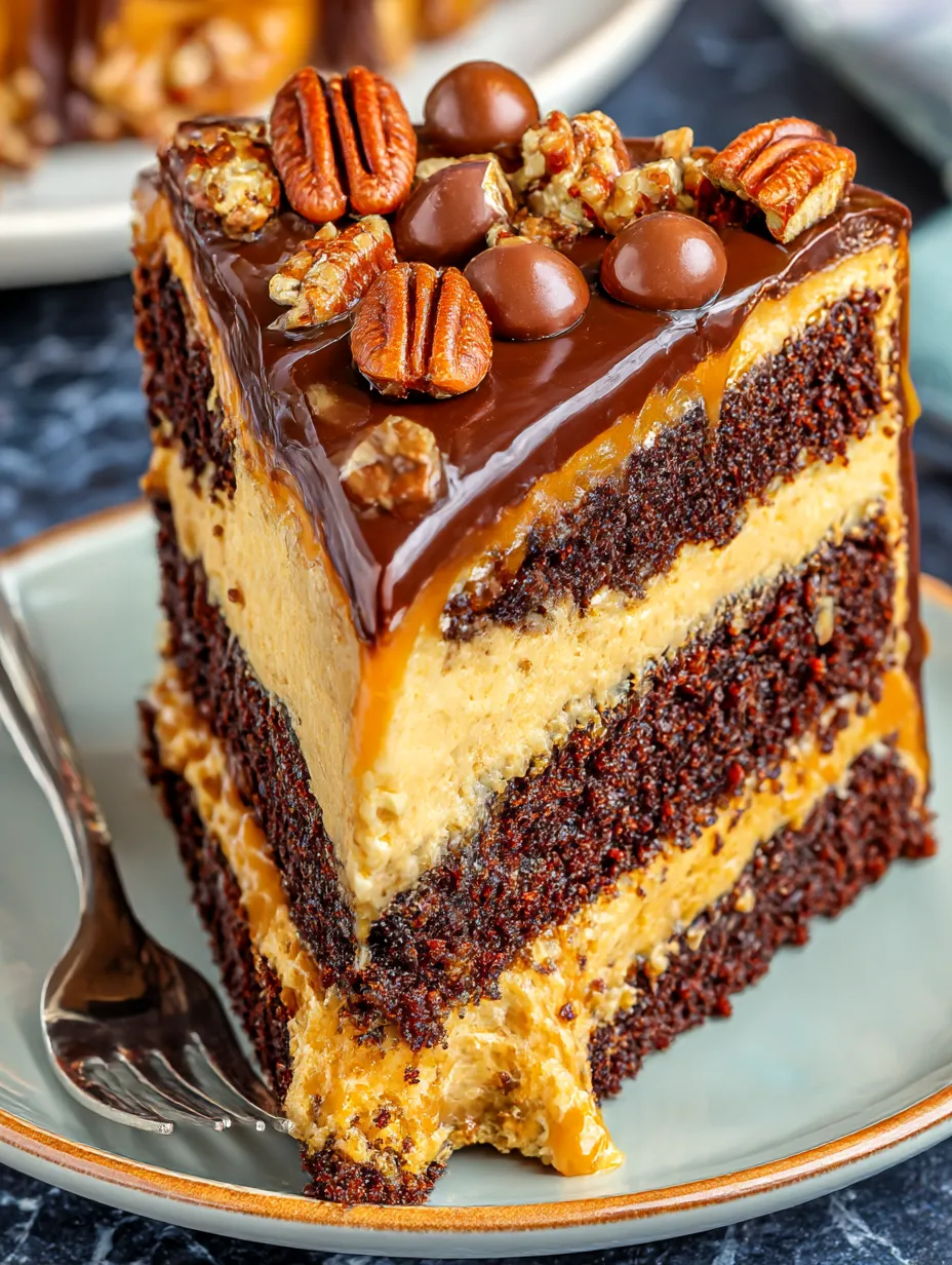 A slice of turtle caramel cake.