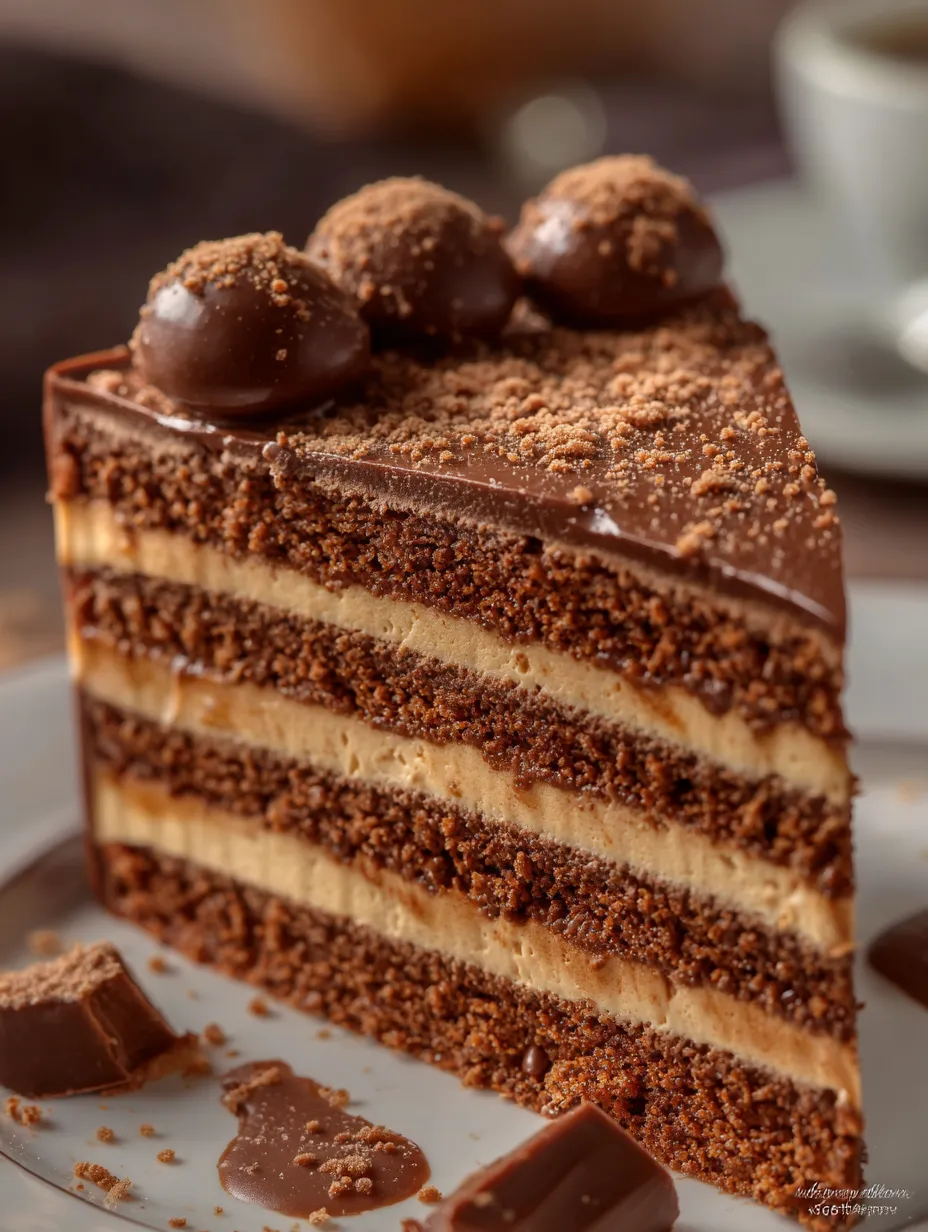 A wedge of chocolate cake topped with chocolate chunks.