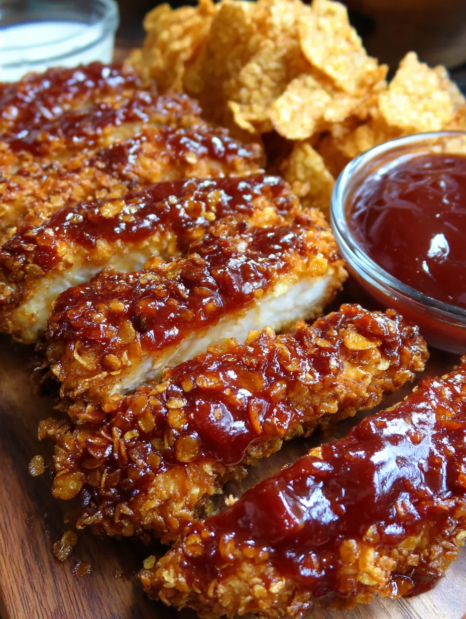 A platter piled with fresh chicken strips coated in sauce.