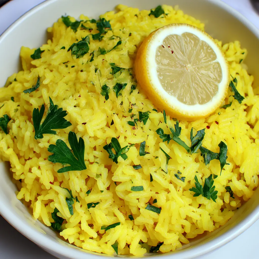 Bright yellow rice in a bowl, topped with a wedge of lemon.