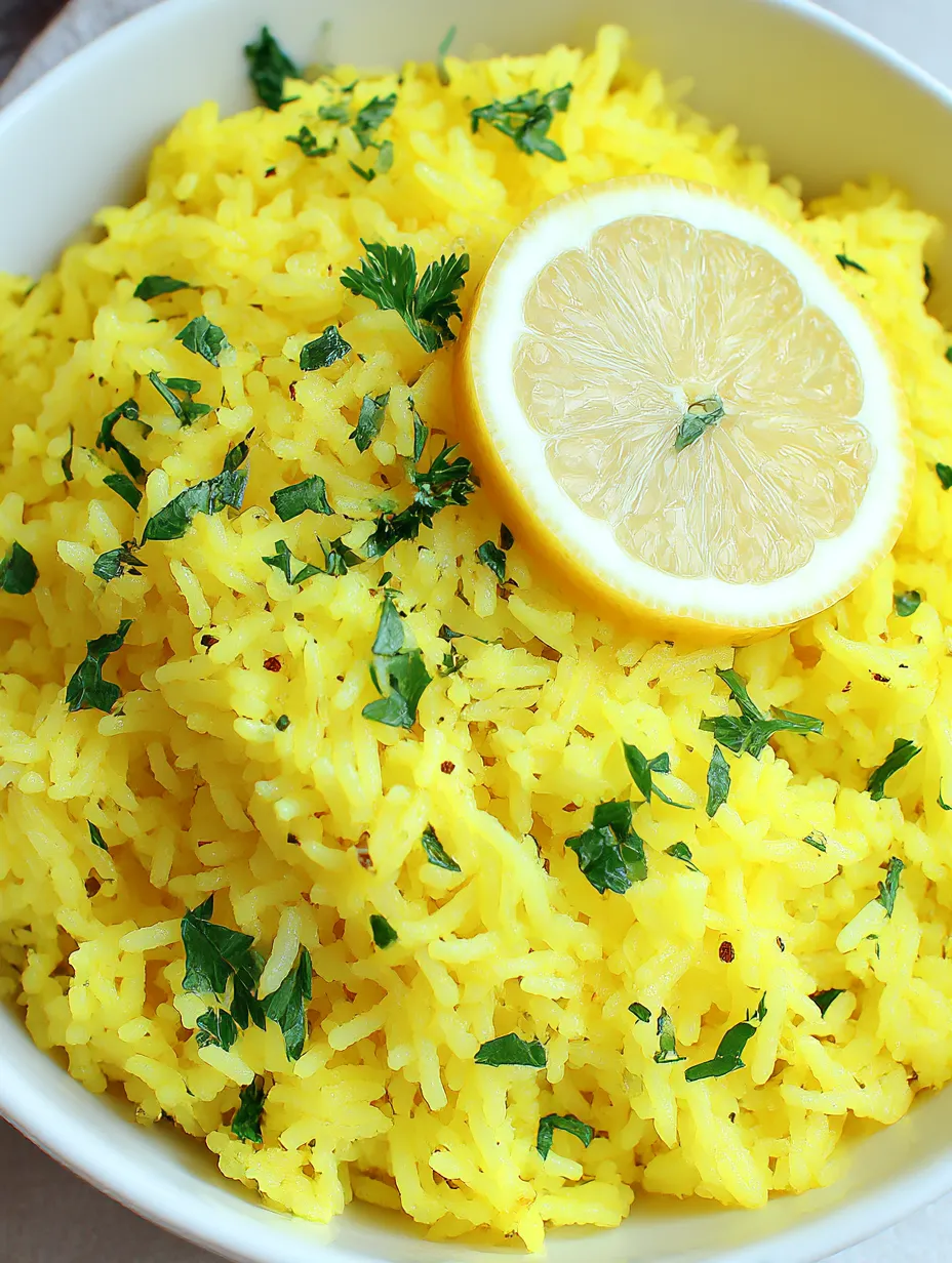 A bowl of golden yellow rice topped with a lemon.