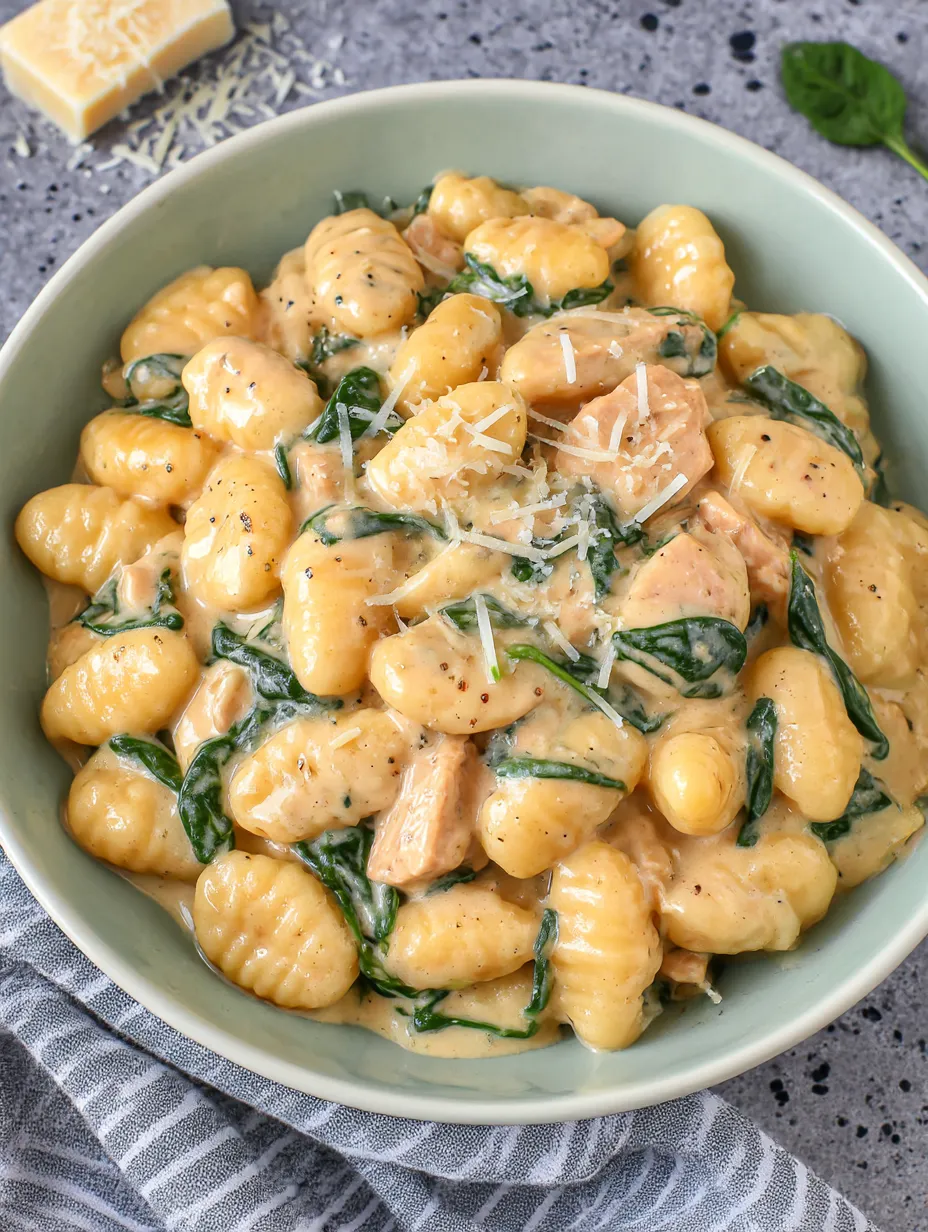 A bowl of creamy chicken gnocchi.
