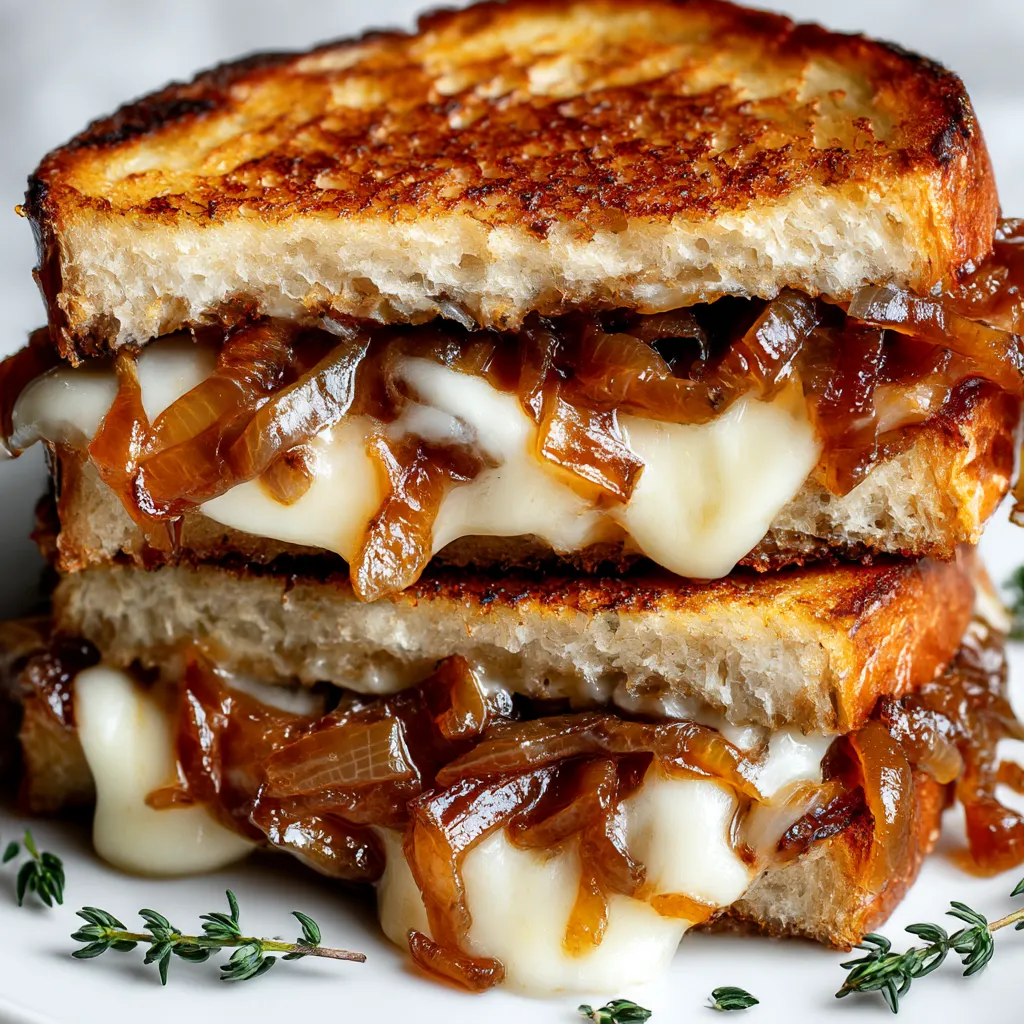 Grilled cheese sandwich piled with caramelized onions.