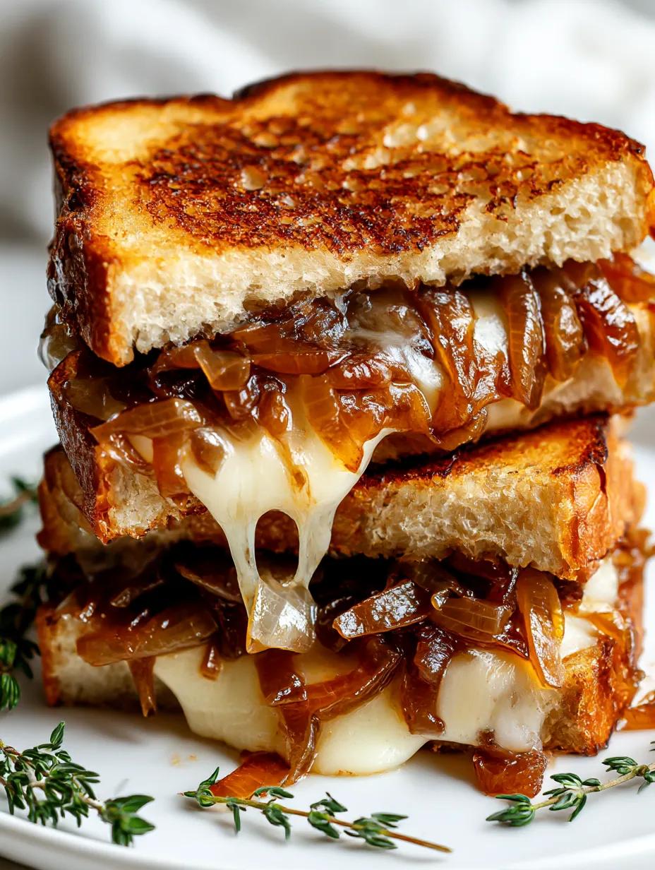A grilled cheese sandwich packed with caramelized onions.