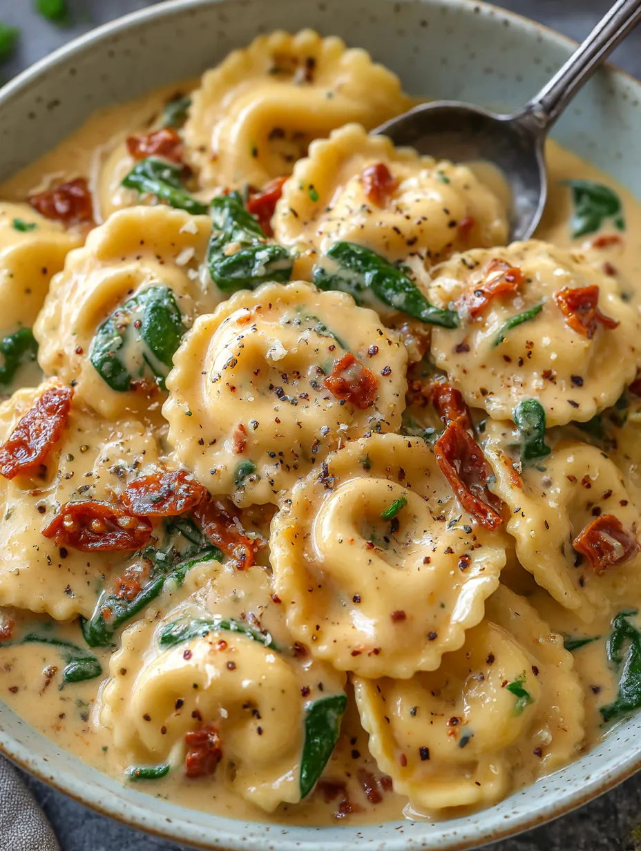 A bowl full of creamy Tuscan pasta with ravioli showing, surrounded by sauce and toppings.