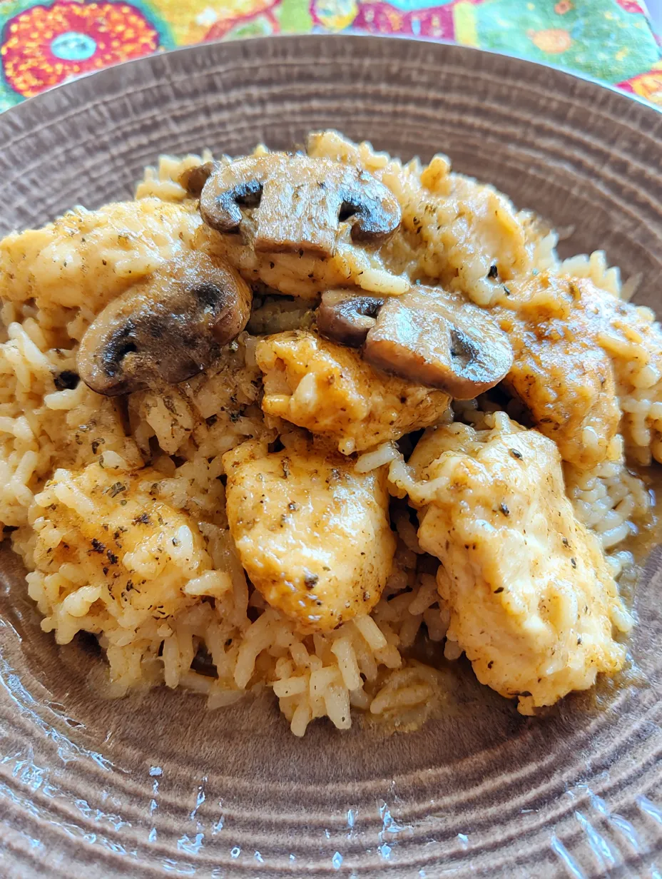 A plate of chicken, mushrooms, and rice.