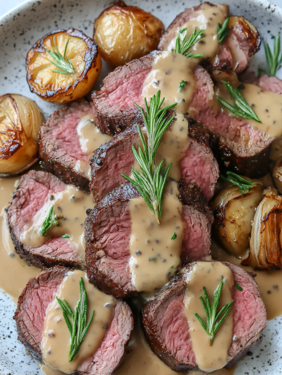 A mouthwatering steak drizzled with creamy peppercorn sauce.