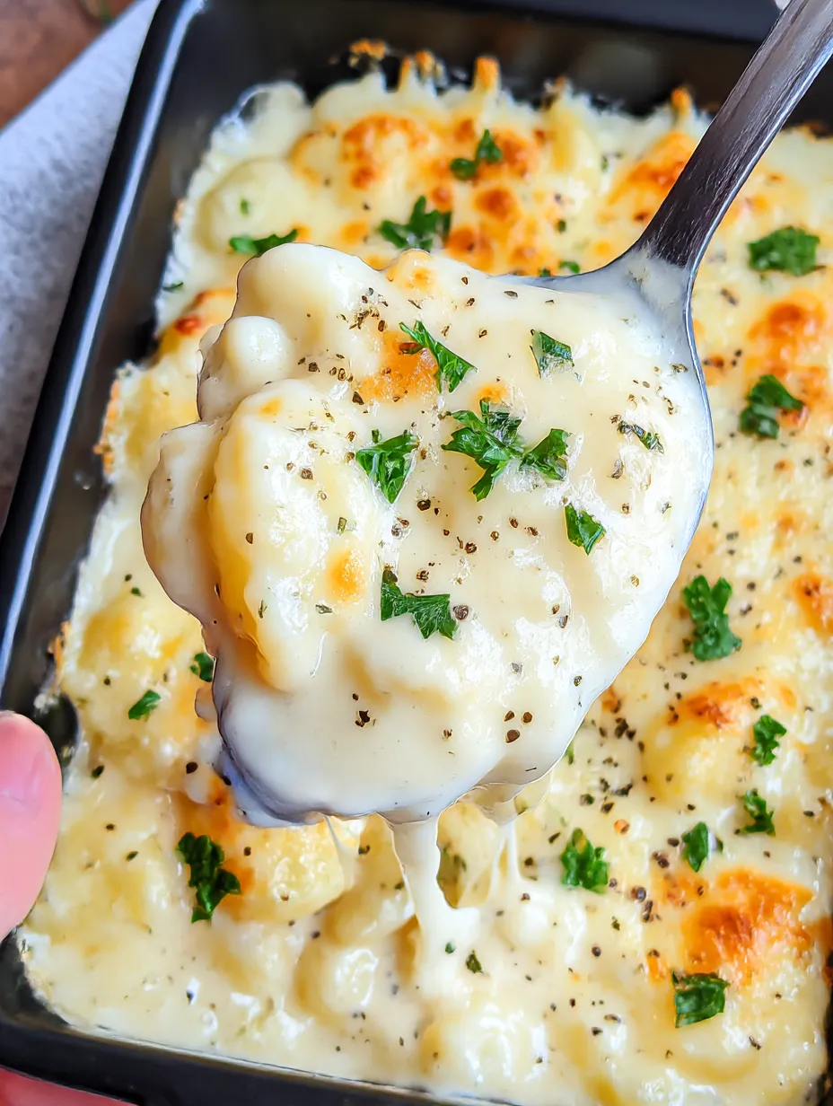 There’s a spoon in a bowlful of creamy Parmesan garlic goodness.