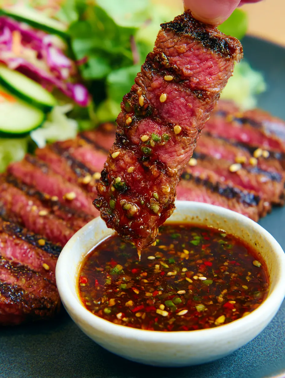 A piece of juicy steak gets dipped into spicy sauce.