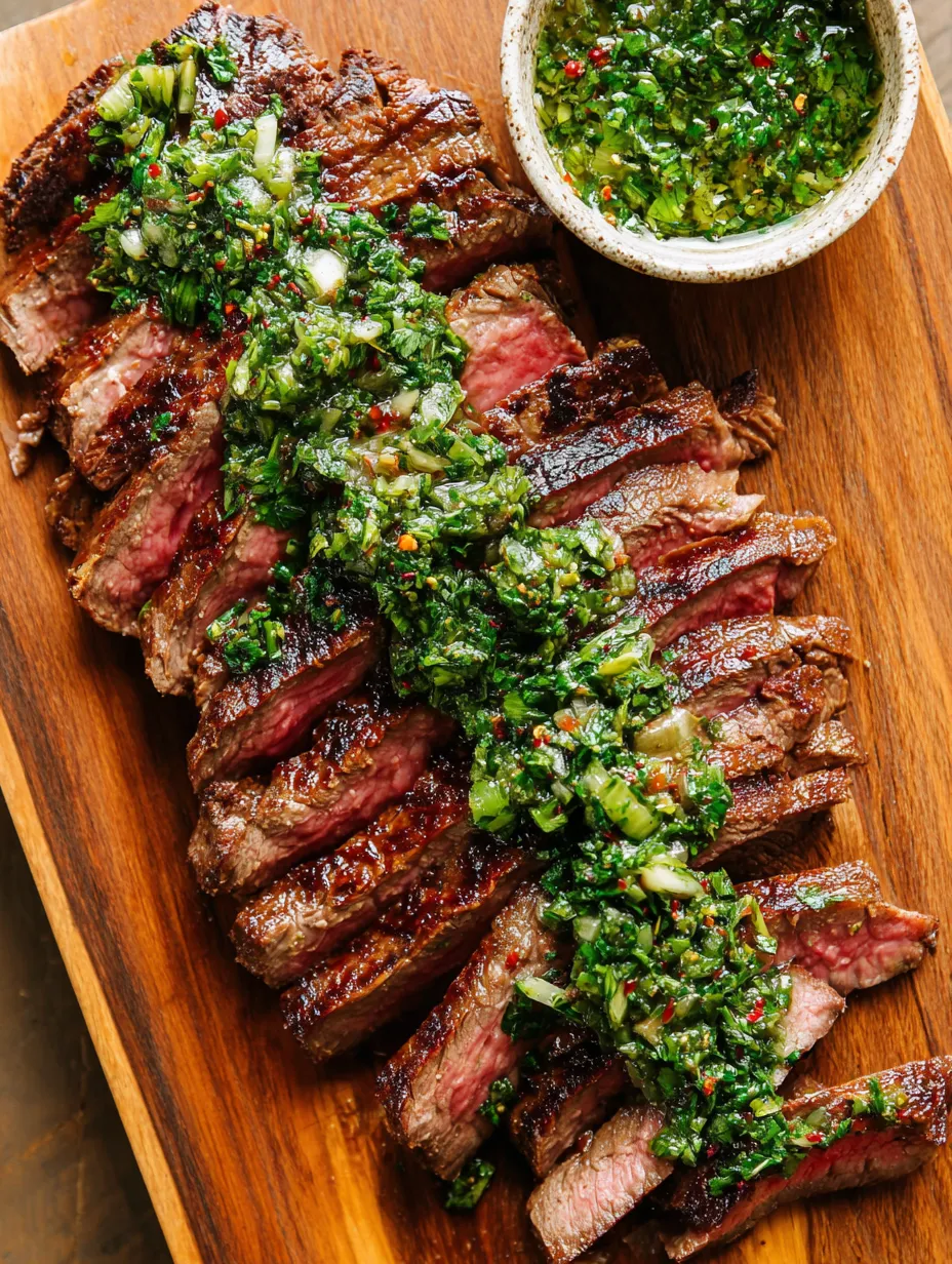 Thick beef with bright green toppings sits on a wooden board.