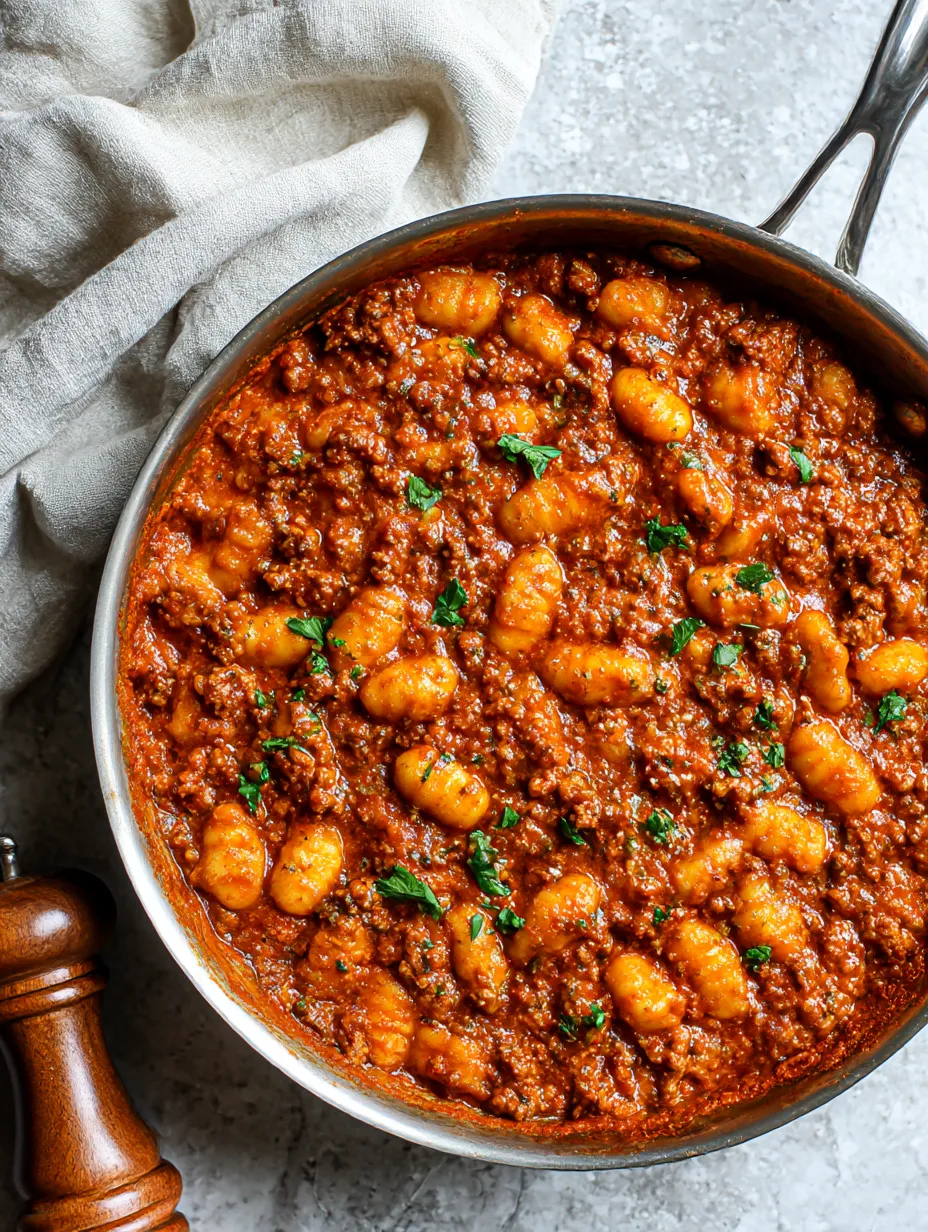 A pot bubbling with gnocchi, meat, and tomato sauce.