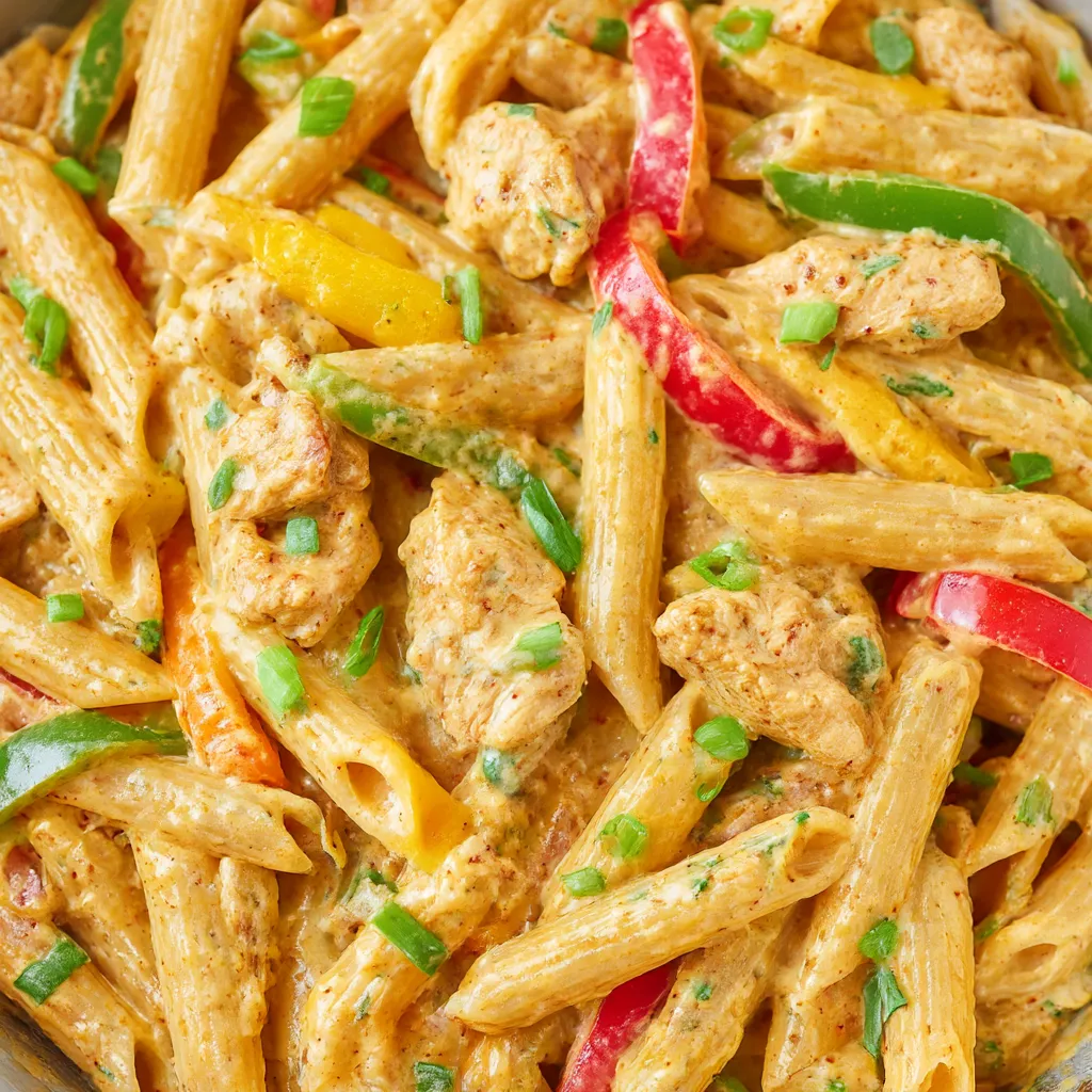 A plate of jerk chicken pasta with peppers and onions.