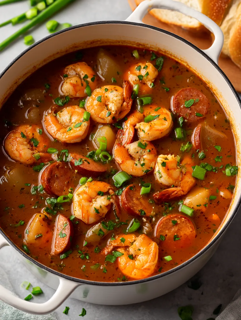 A big Dutch oven packed with shrimp and sausage stew.