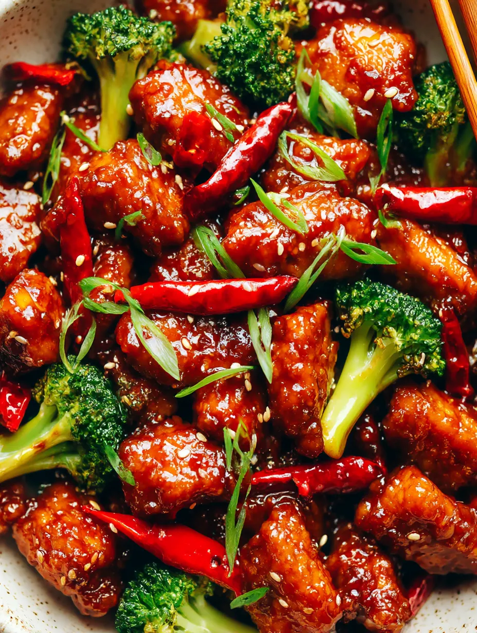 Plated General Tso's chicken served with broccoli and bell peppers.