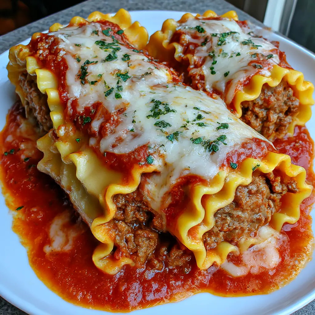 Italian meatball lasagna rollups served on a plate.
