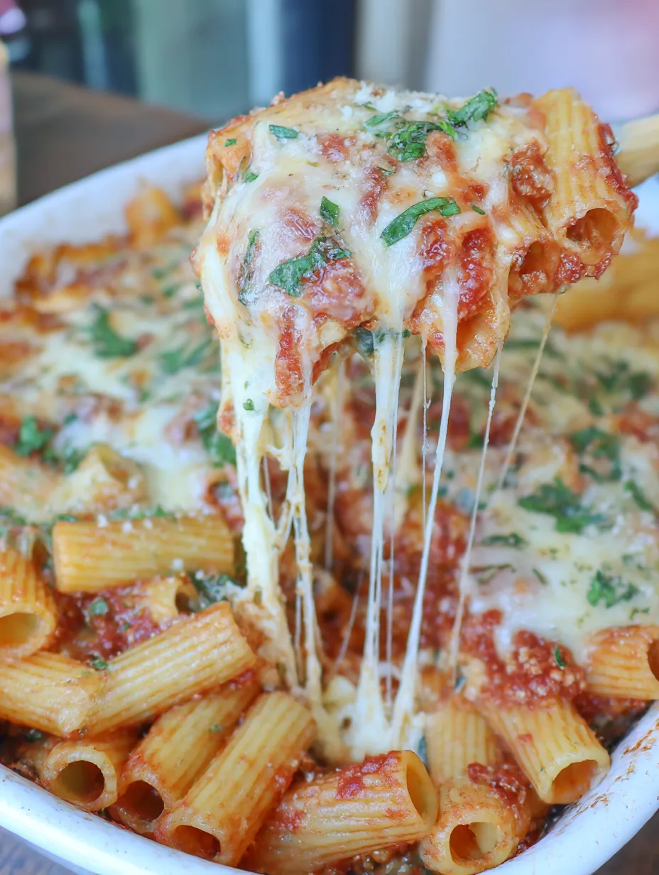 Cheesy baked Italian sunset pasta close up.
