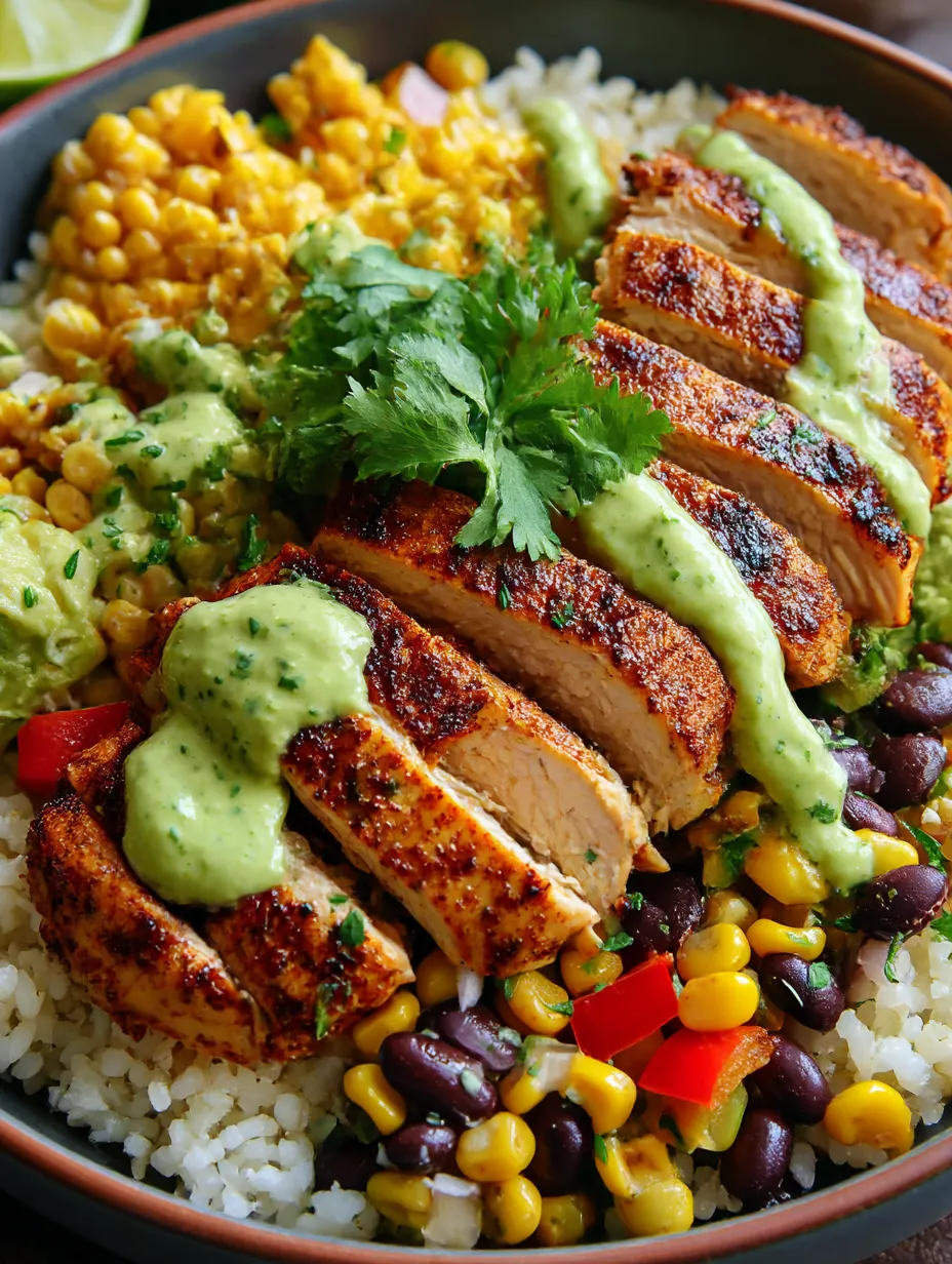 A rice bowl with chicken, corn, and avocado.