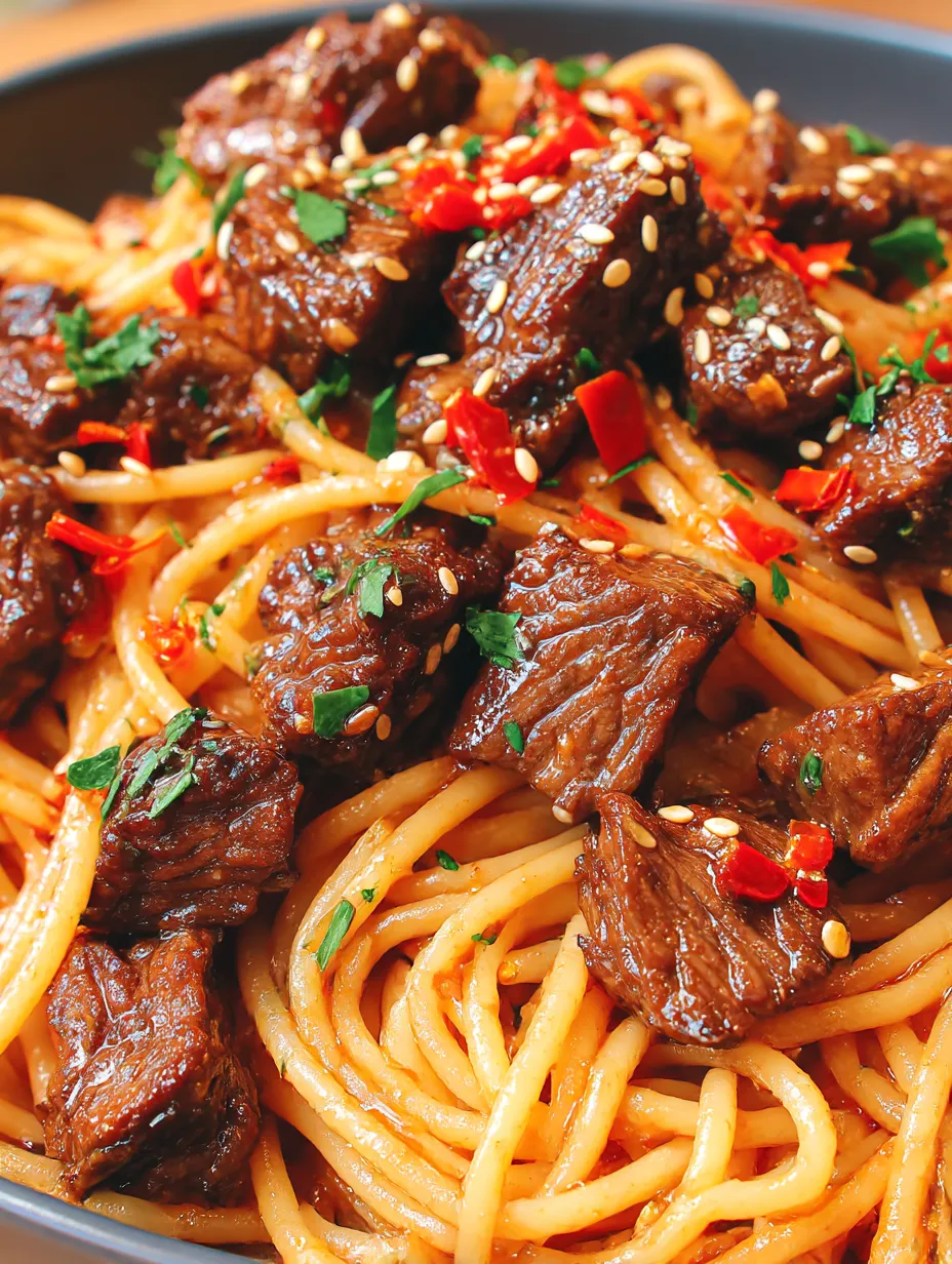 A plate loaded with glossy Sweet and Spicy Garlic Steak Pasta.