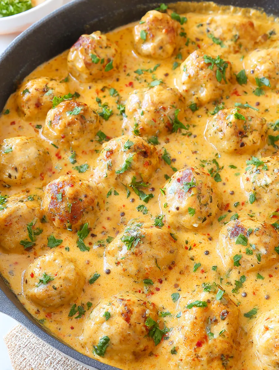 A bowl of meatballs swimming in creamy dreamy sauce.