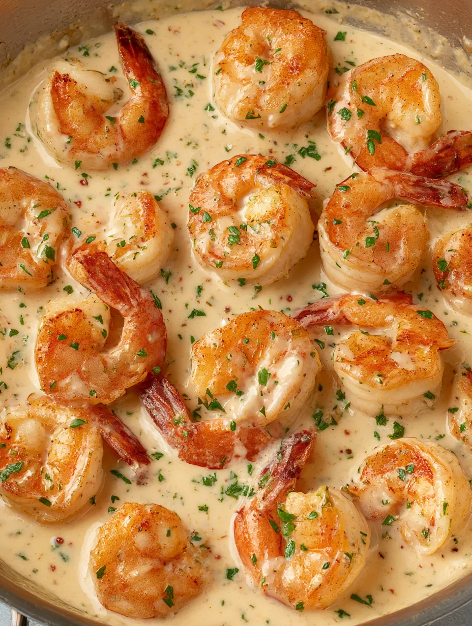Shrimp swimming in creamy garlic sauce in a serving bowl.