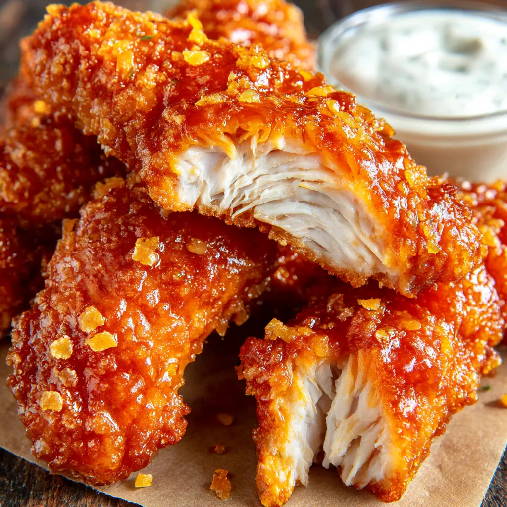 Big plate stacked with honey BBQ chicken strips.